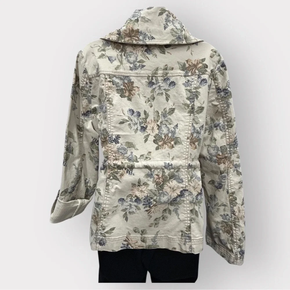 Anthropologie Jacket Women 12 Blue Cream Floral Canvas Coastal Capsule Brunch
